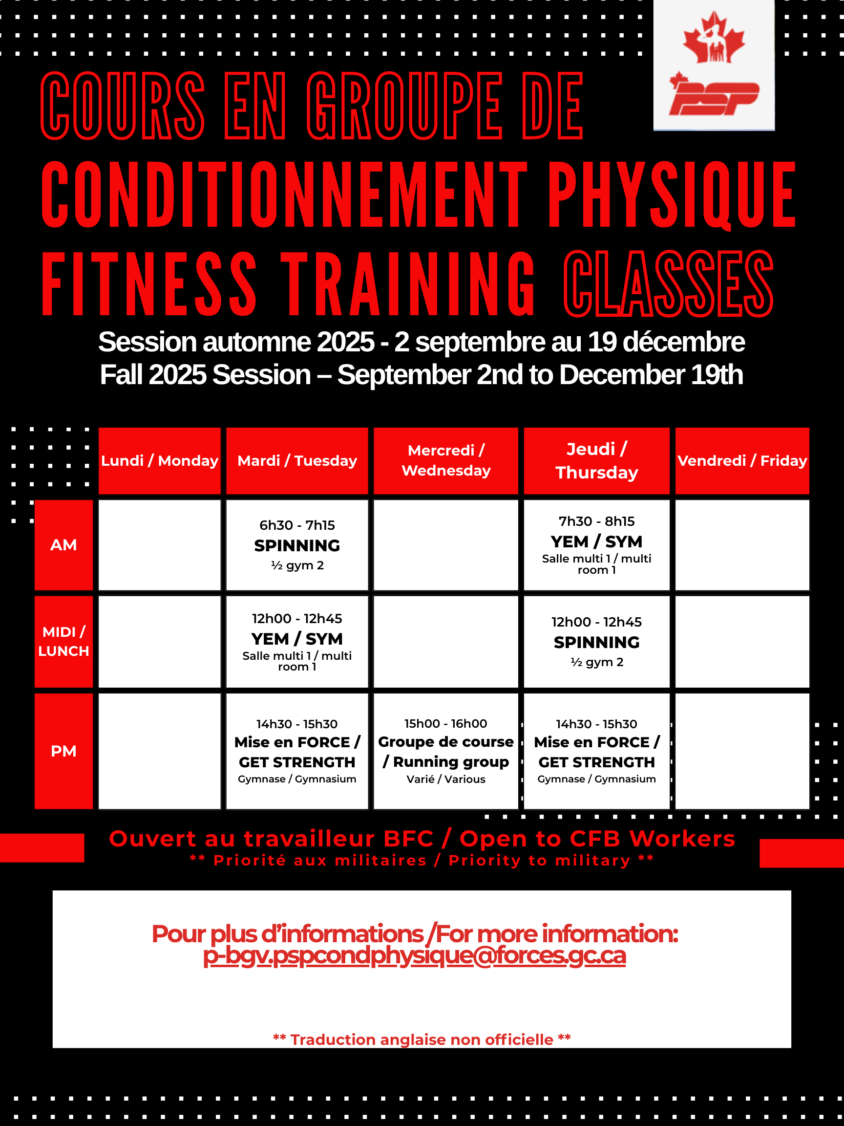 Calendrier des cours