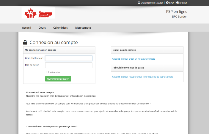 Comment créer un compte PSP en ligne Accédez à la page d’accueil des PSP en ligne pour Borden à https://bkk.cfmws.com/bordenpub/. Ici, vous pouvez ouvrir une session ou créer un compte si vous n’en avez pas.