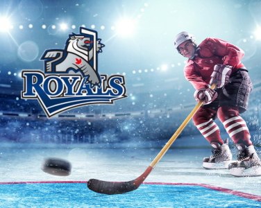 Un joueur de hockey et une rondelle à côté du logo des Victoria Royals.