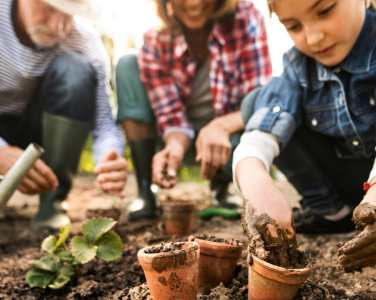 Une famille qui jardine, en se concentrant sur la plantation en pots.