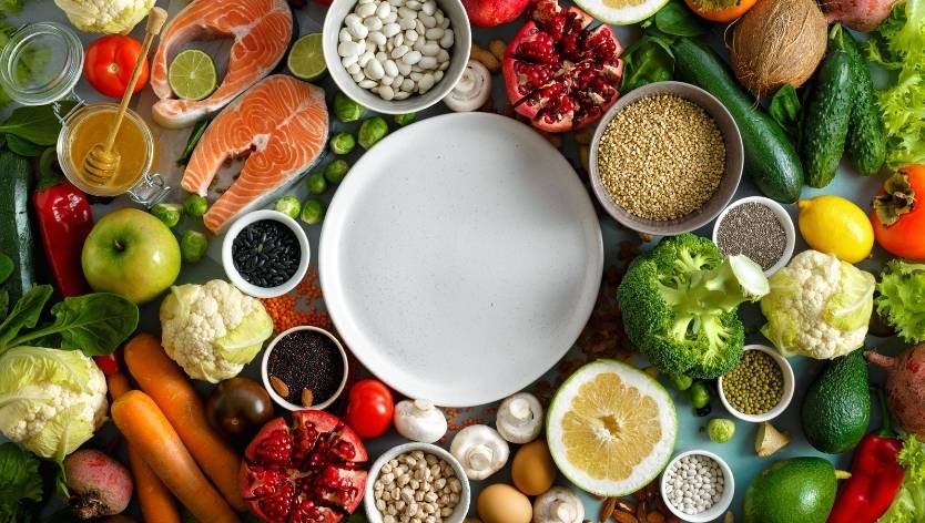 Assiette vide entourée de divers aliments