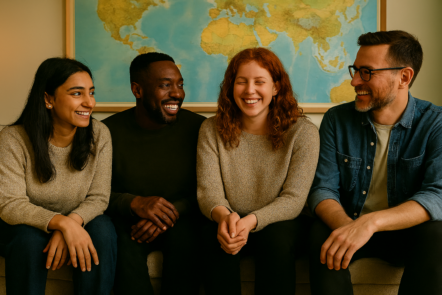 un groupe de quatre personnes assises et souriantes, avec une carte en arrière-plan