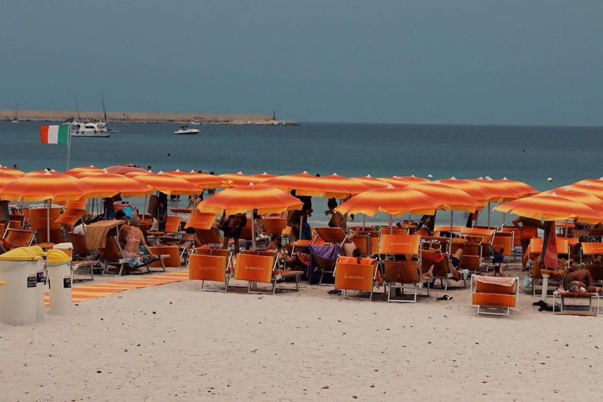 Des rangées de chaises de plage et de parasols aux couleurs éclatantes