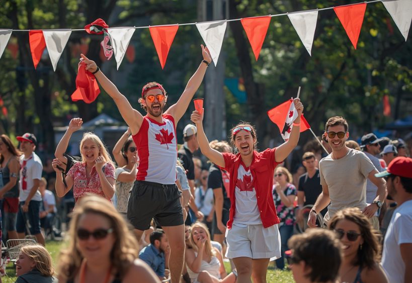 Des personnes célébrant la fête du Canada dans un parc.