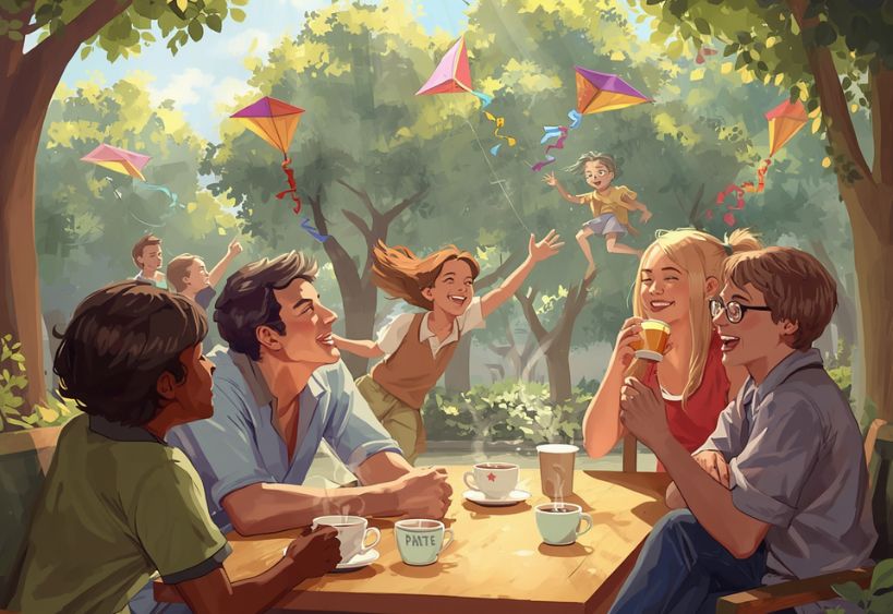 Personnes assises à une table à l’extérieur avec du café pendant que des enfants font voler des cerfs-volants.