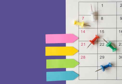 calendrier, punaises et onglets autocollants