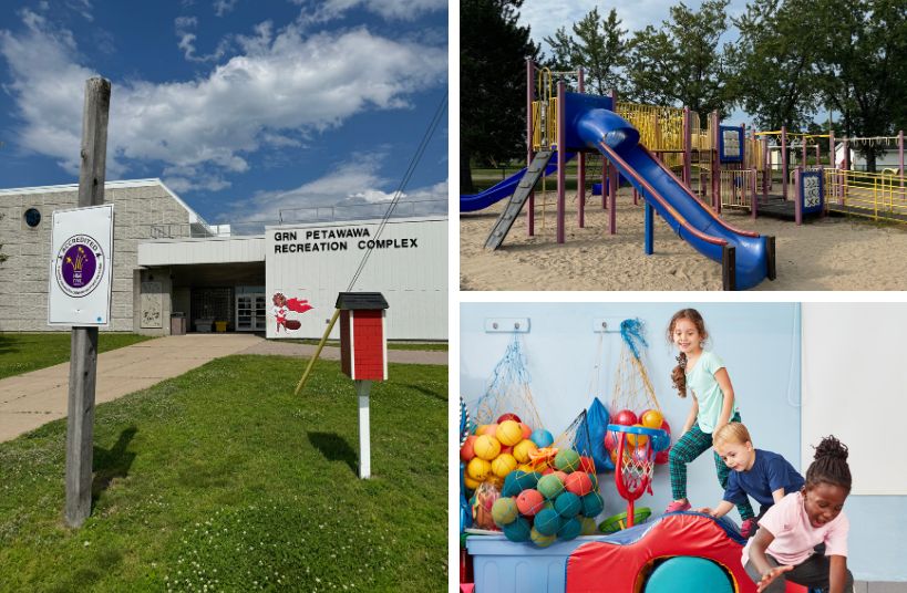 Bâtiment RecPlex, terrain de jeu et enfants en train de jouer