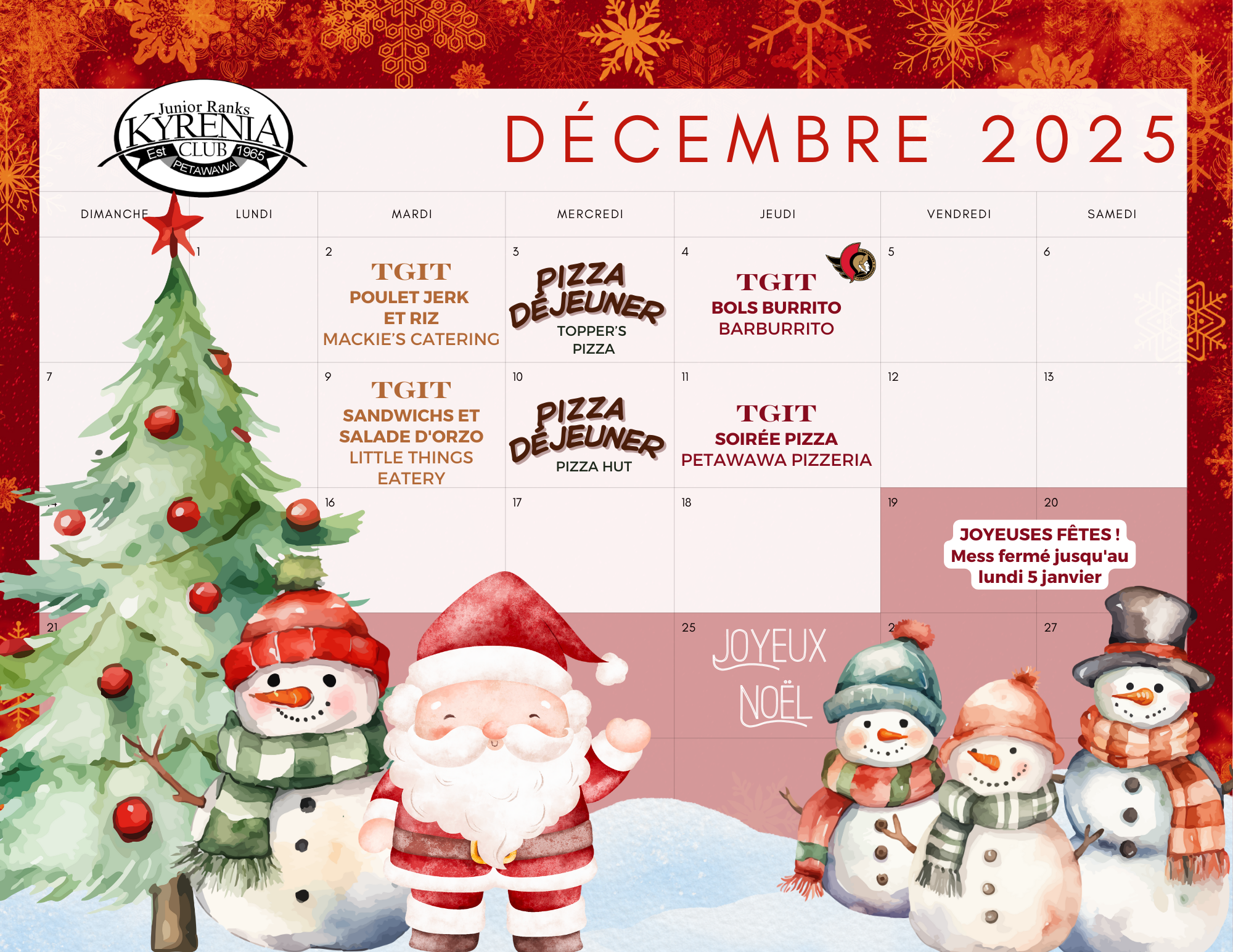 Calendier du decembre