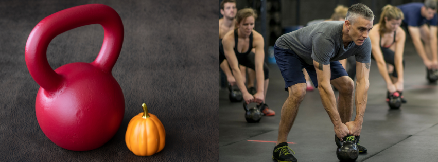 Kettlebell et citrouille & Groupe de personnes faisant de l'exercice avec des kettlebells