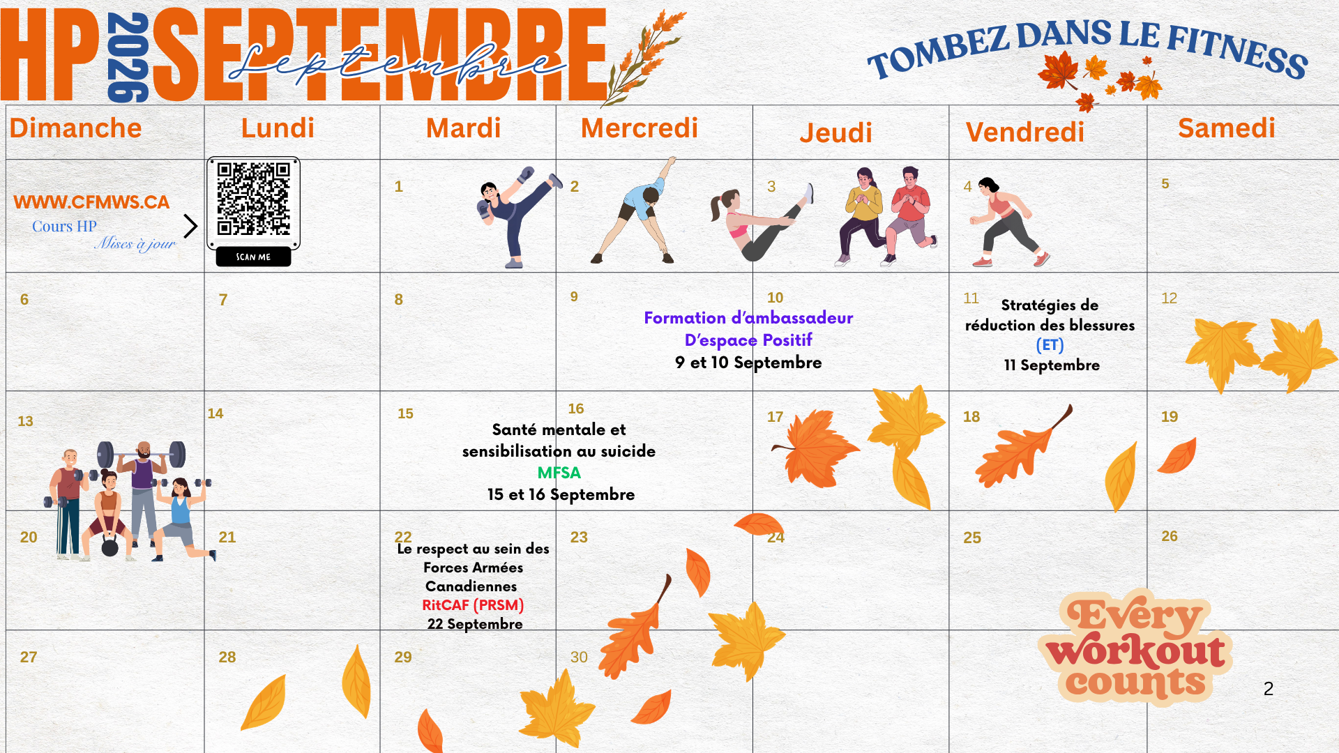 Calendrier des cours de septembre
