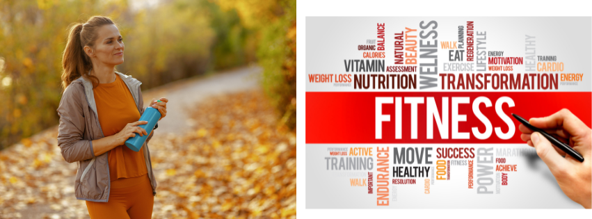 FEMME FAISANT DE L'EXERCICE AVEC DES FEUILLES D'AUTOMNE ET UN GRAPHIQUE AVEC BEAUCOUP DE MOTS DE FITNESS