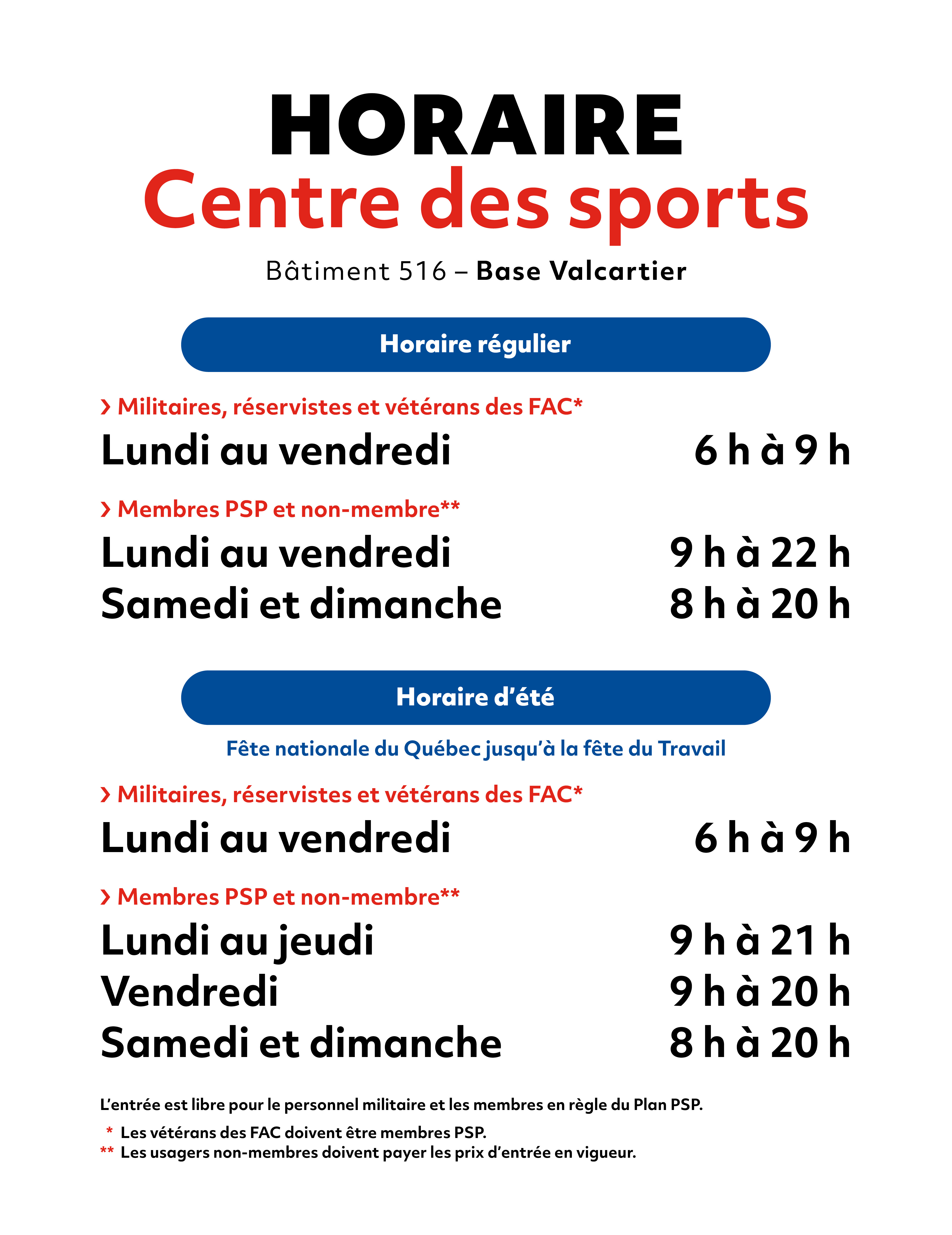 Horaire Centre des sports valcartier