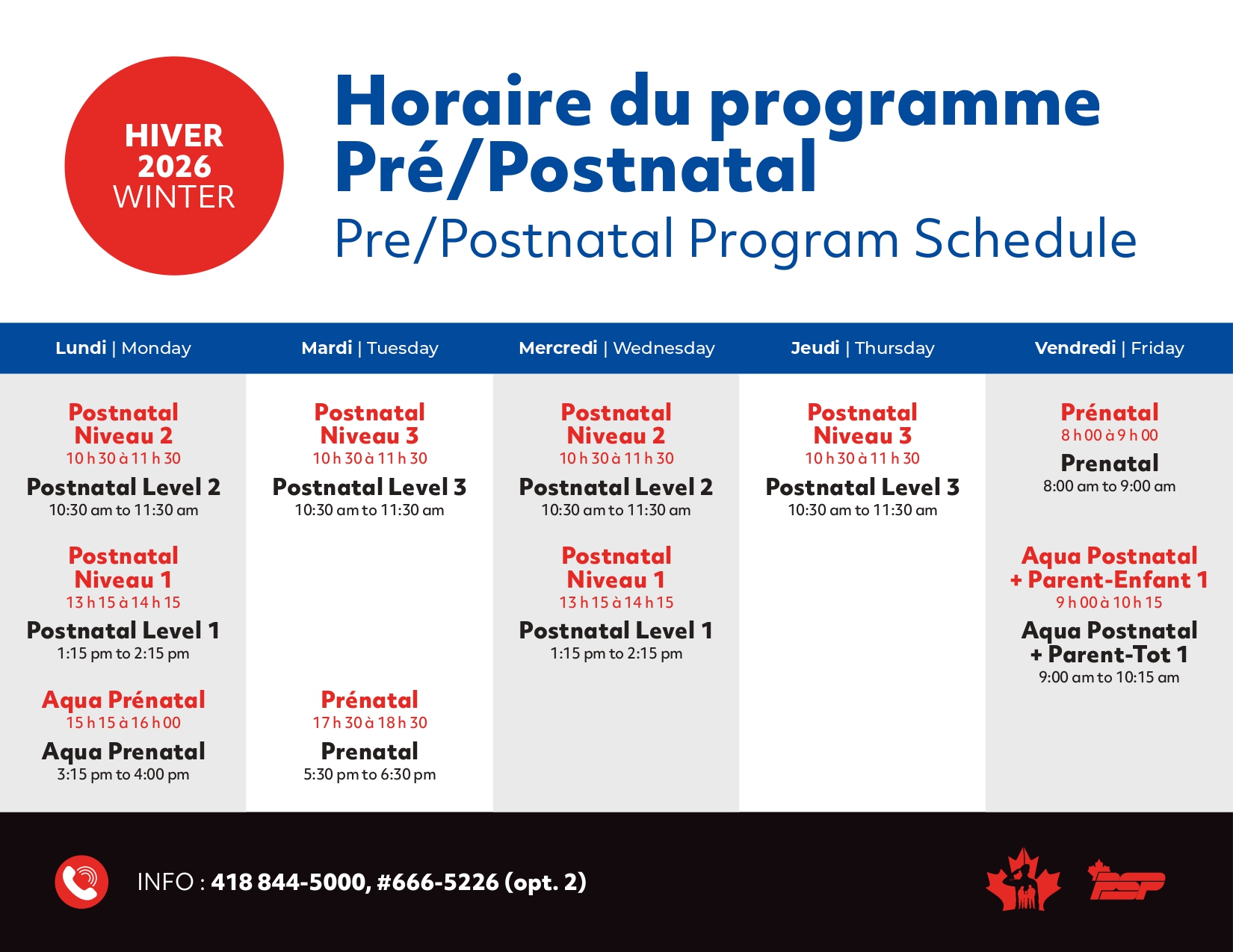 Horaire cours pré post natal Valcartier