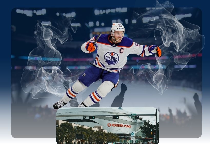 Le capitaine des Oilers patinant avec l'aréna en arrière-plan et le Rogers Place au premier plan.