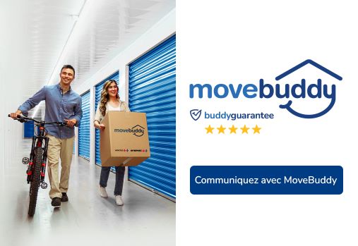 Deux personnes rangeant un vélo et un carton dans un garde-meuble, logo MoveBuddy