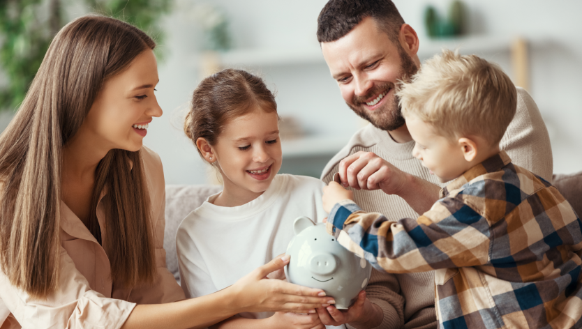 family and piggy bank