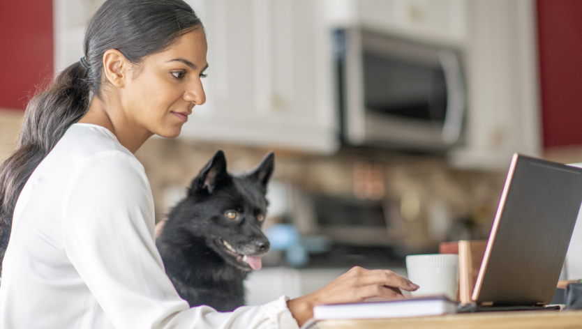 woman and dog on computer