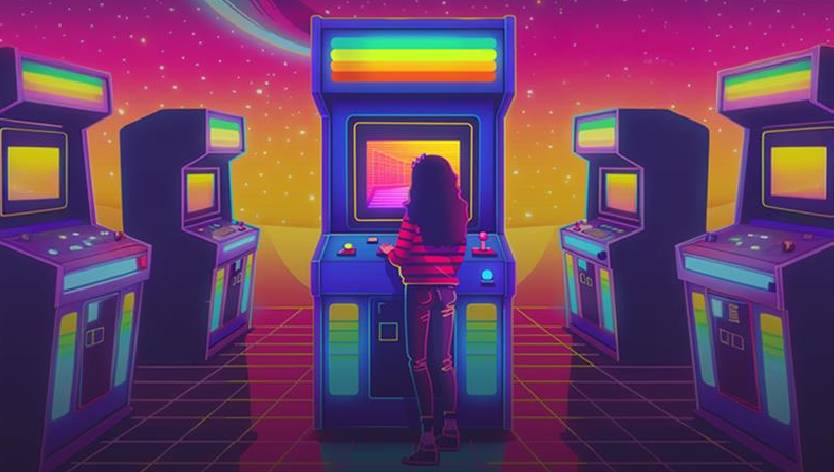 Petite fille devant une borne d'arcade