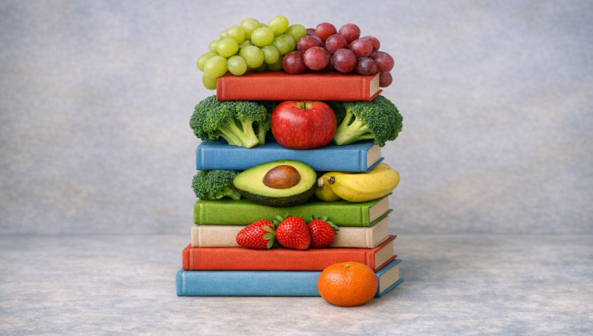 Livres avec fruits et légumes 