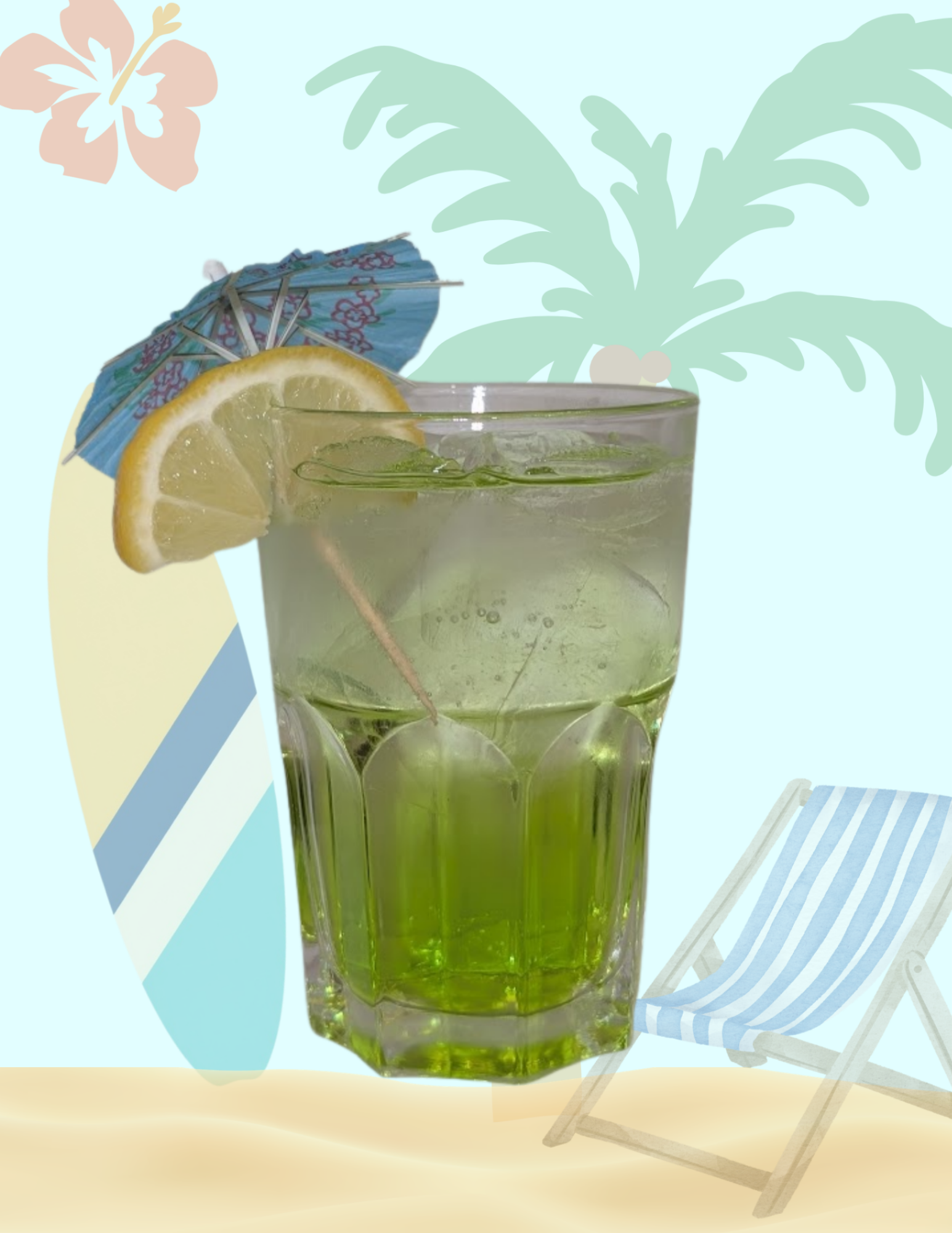 A picture of a Green Cocktail with a little umbrella and lemon slice in front of a beach background