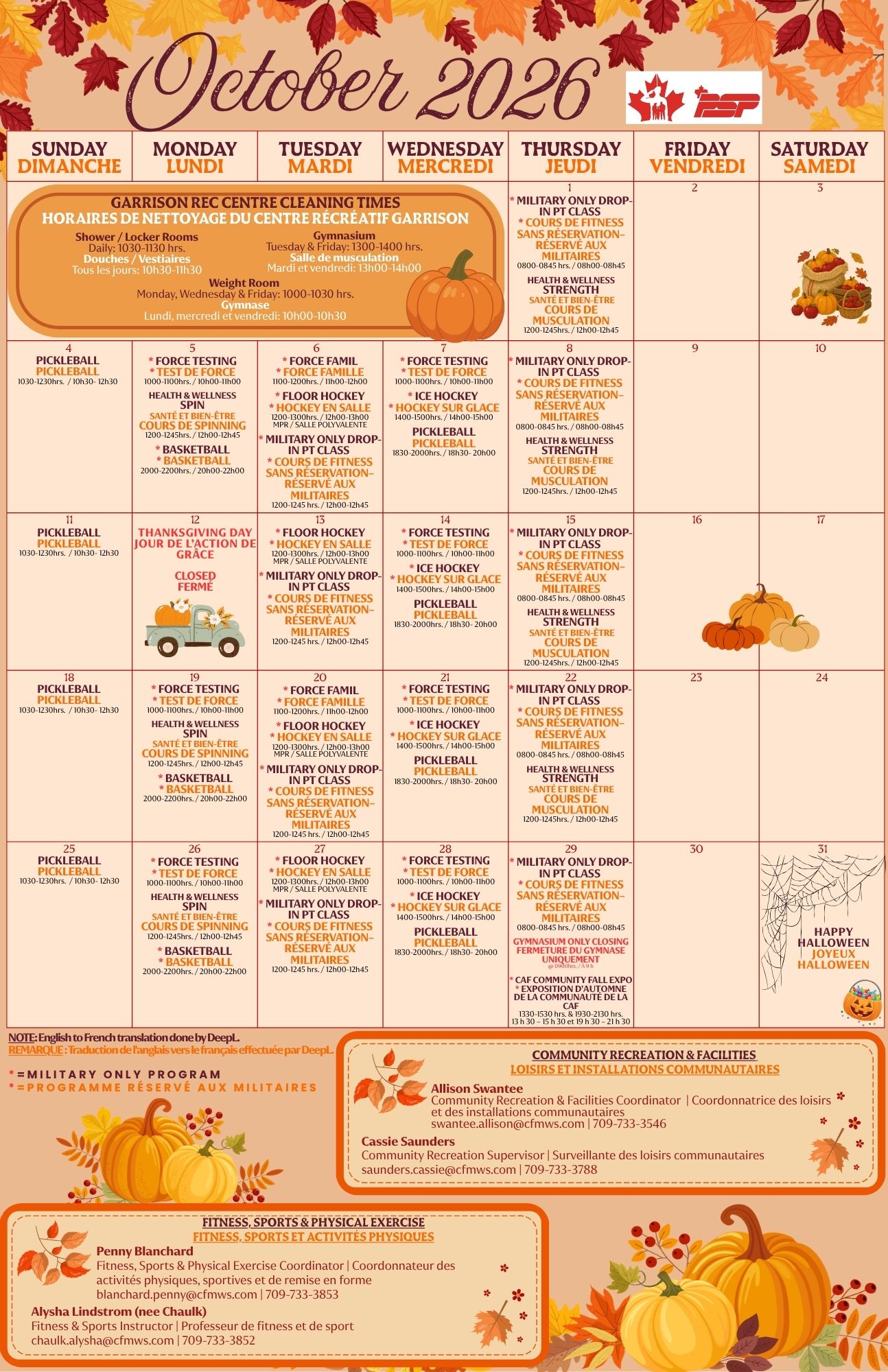 October 2026 Fitness, Sports, and Recreation Calendar