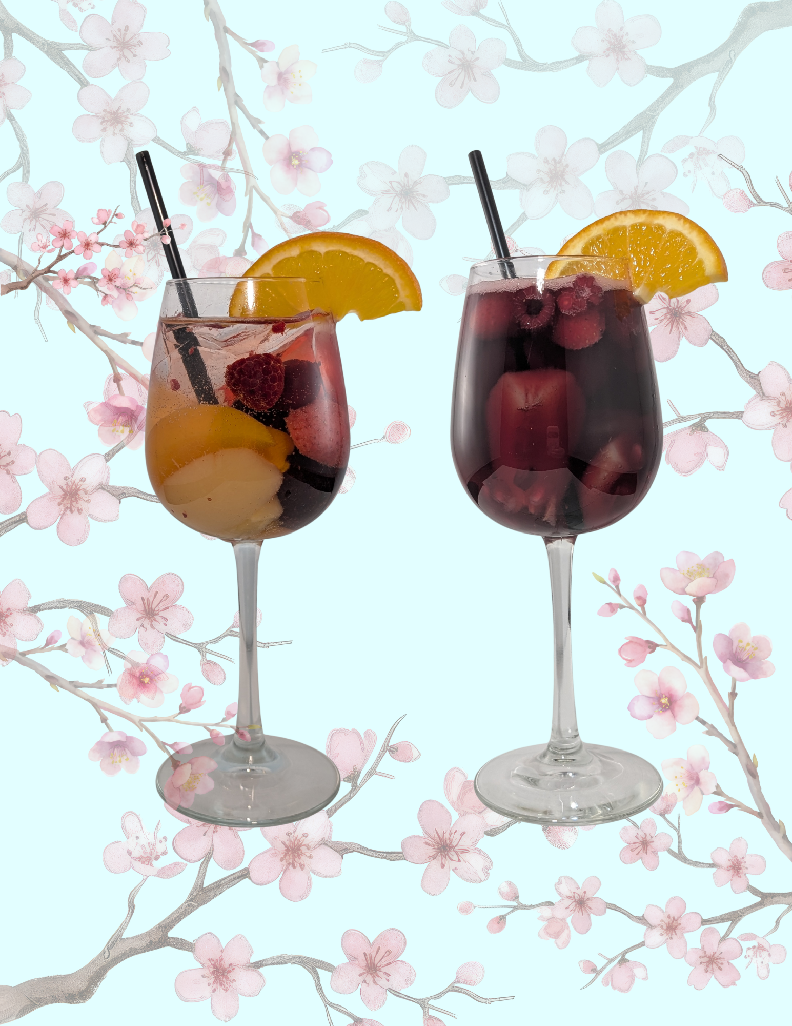 Picture of two wine glasses filled with red and white sangria.