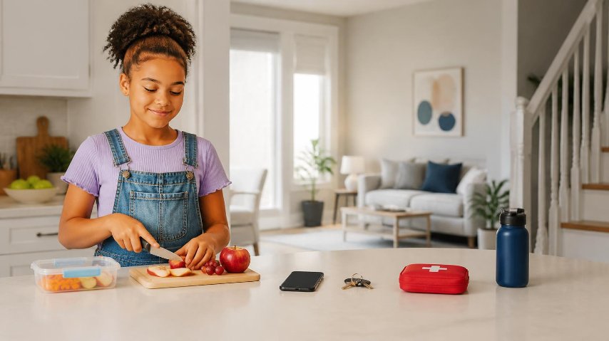 Enfant qui coupe un fruit dans un cuisine