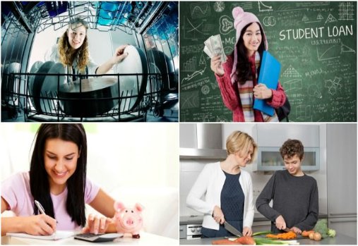 Adolescent chargeant le lave-vaisselle, étudiant et aidant à préparer le dîner