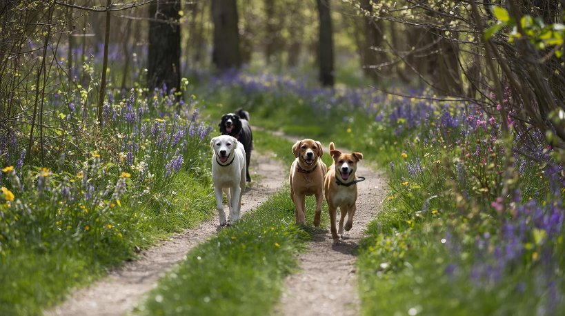 Chiens qui marchent dans la foret